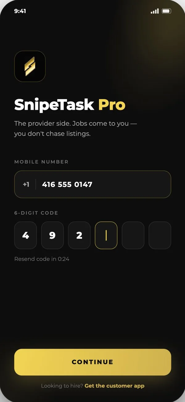 The SnipeTask Pro app sign-in screen